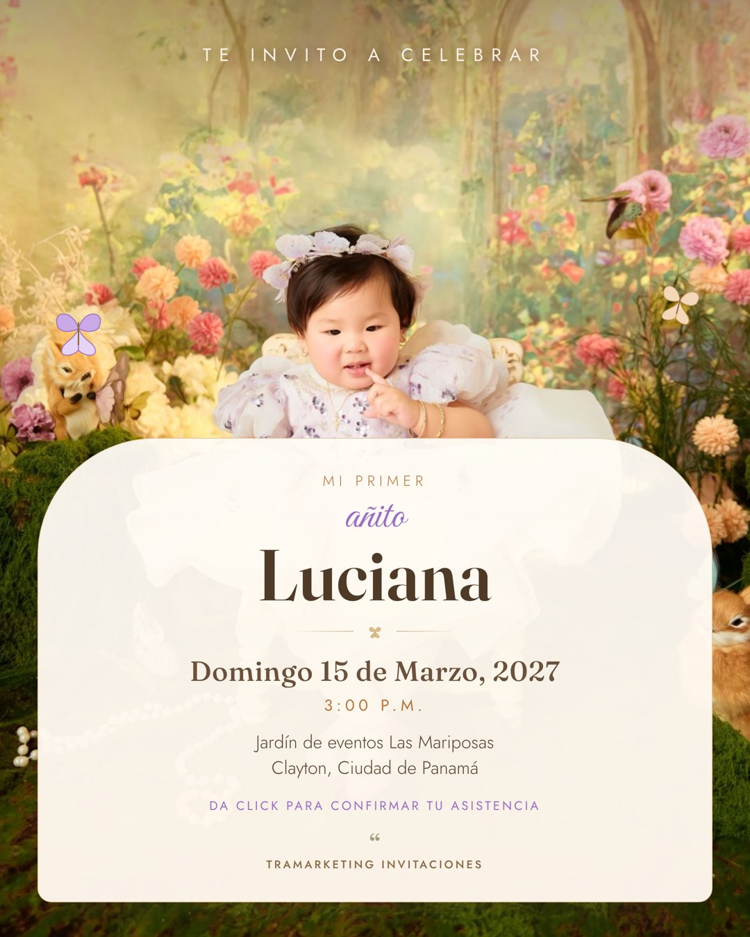 Invitación del primer añito de Luciana — Domingo 15 de marzo de 2027, Jardín de eventos Las Mariposas, Clayton